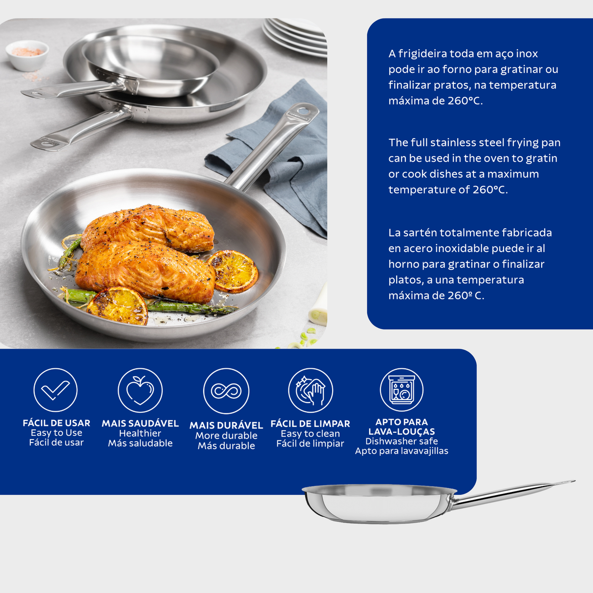 Professional nerūsējošā tērauda panna ar garo rokturi un trīsslāņu pamatni