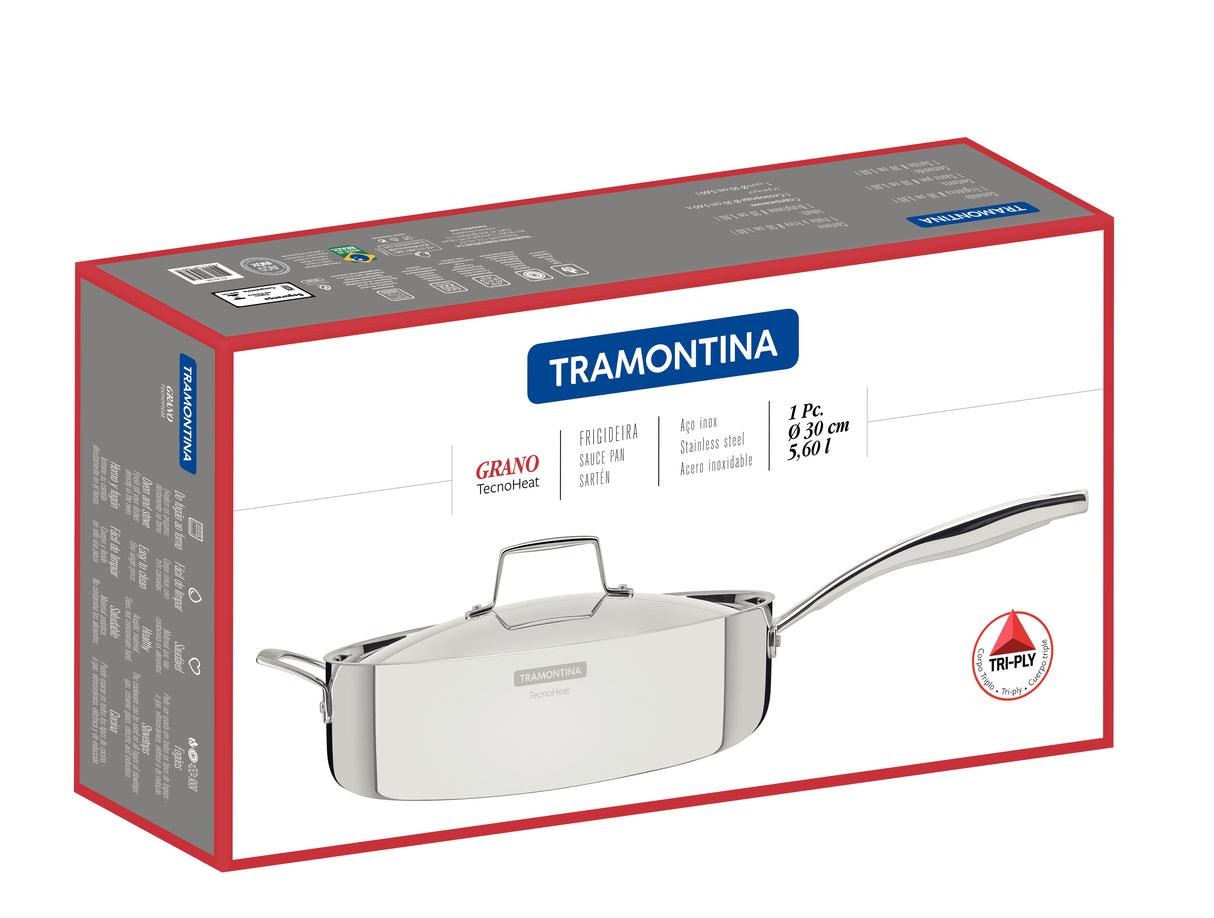 <tc>Tramontina Grano 30 cm / 5,6 l nerūsējošā tērauda cepšanas panna ar trīsslāņu korpusu, vāku un garu rokturi</tc>